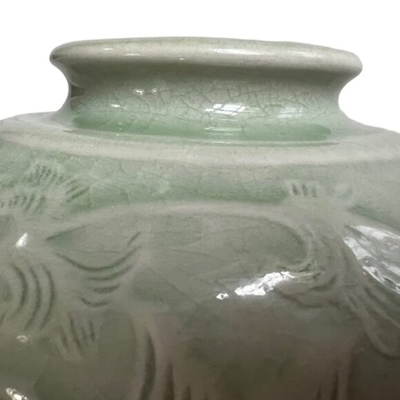 Antique Signed & # Chinese Celadon Porcelain Vase Lotus and Leaf Motif Design 5" - Picture 5 of 12